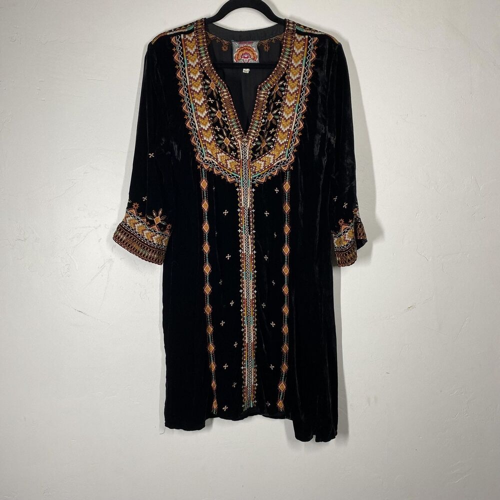 Johnny Was Dress Womens Small Black Velvet Embroidered Kaftan 3/4 Sleeve Boho